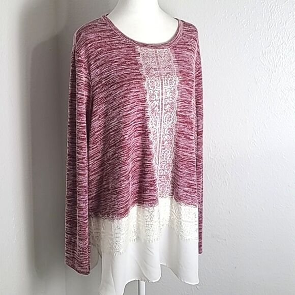 Valerie Stevens Two-Tone Sweater with Floral Lace & Short Fringe, Size 2X - Picture 1 of 11